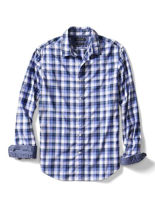 Banana Republic Mens Grant Fit Custom Wash Checkered Shirt - Caribbean Blue