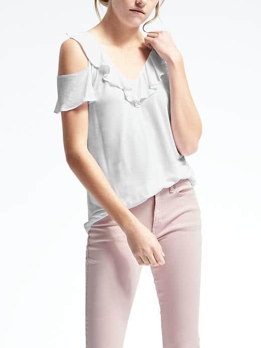 Banana Republic Womens Short Sleeve Cold Shoulder Ruffle Tank - White