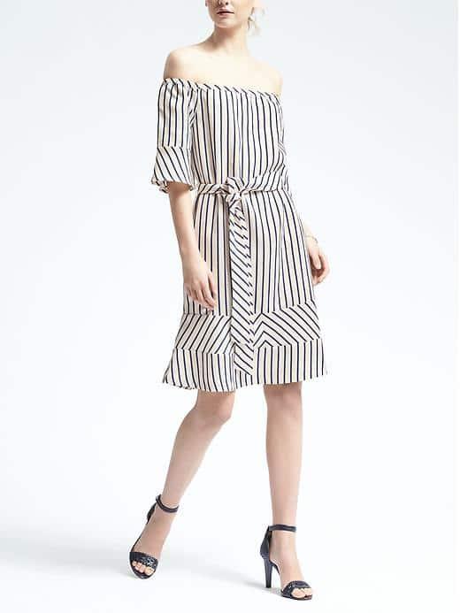 Banana Republic Womens Belted Twill Off Shoulder Dress - White
