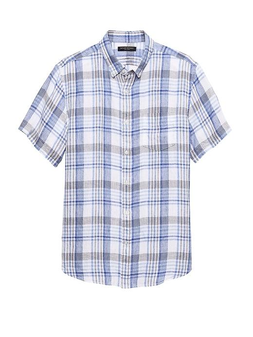 Banana Republic Mens Camden Standard-fit Linen Plaid Shirt Marfa Blue Size M