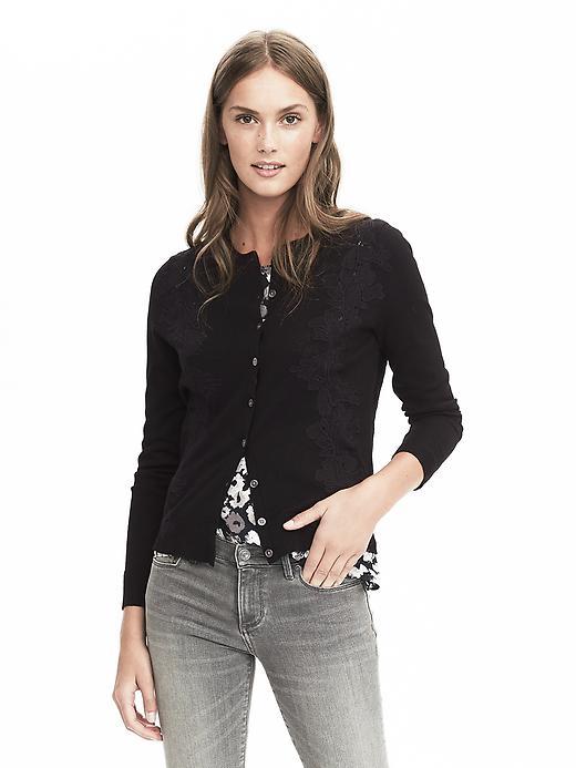 Banana Republic Womens Merino Wool Lace Crewneck Cardigan Size M - Black