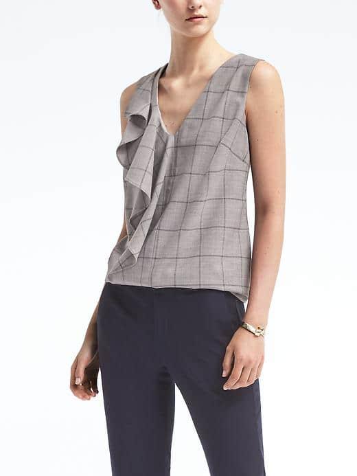 Banana Republic Womens Windowpane Cascade Ruffle Lightweight Wool Top - Gray