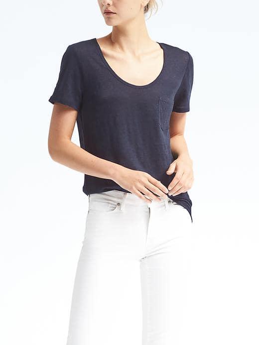 Banana Republic Short Sleeve Linen Signature Scoop Tee - Navy