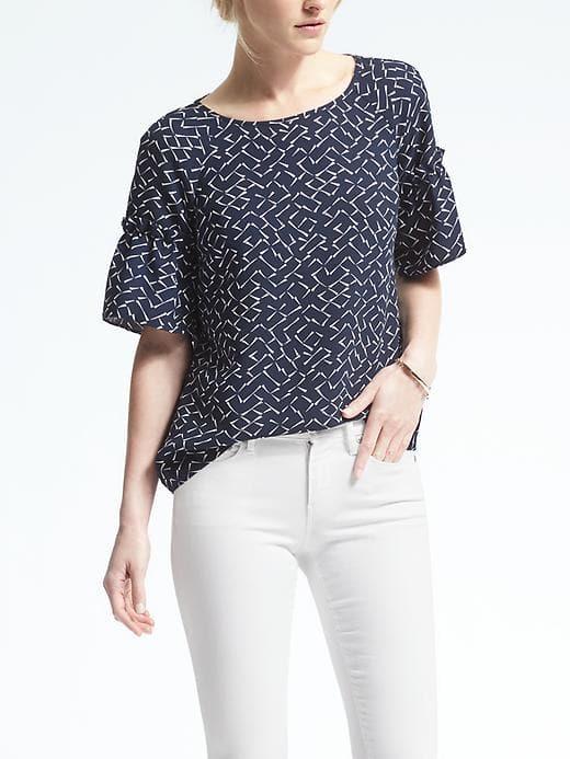 Banana Republic Easy Care Print Flutter Sleeve Top - White