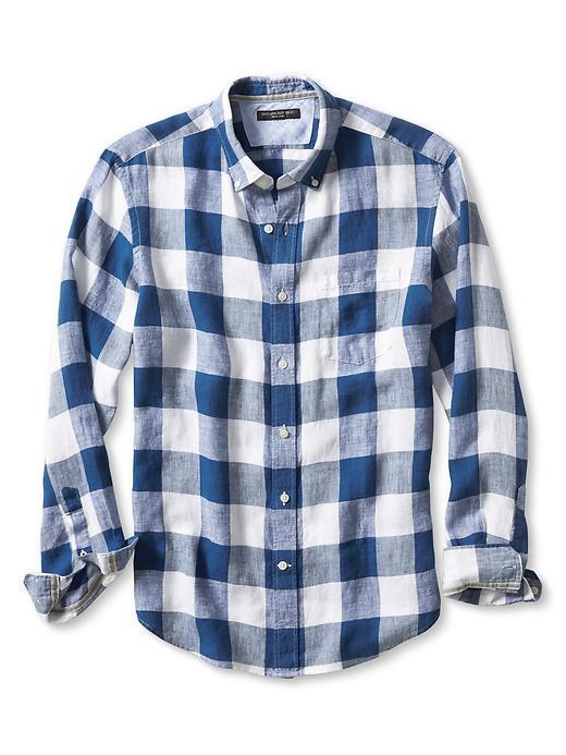 Banana Republic Mens Camden Fit Buffalo Check Linen Shirt Size L Tall - Mythic Blue