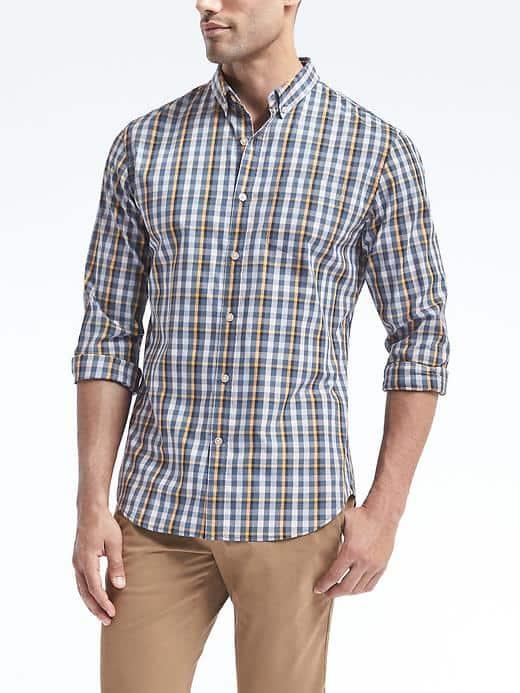 Banana Republic Mens Grant Fit Cotton Stretch Pinpoint Gingham Oxford Shirt - Honey Brown