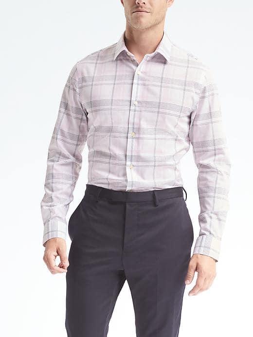 Banana Republic Mens Grant Fit Cotton Stretch Non Iron Plaid Shirt - Pink