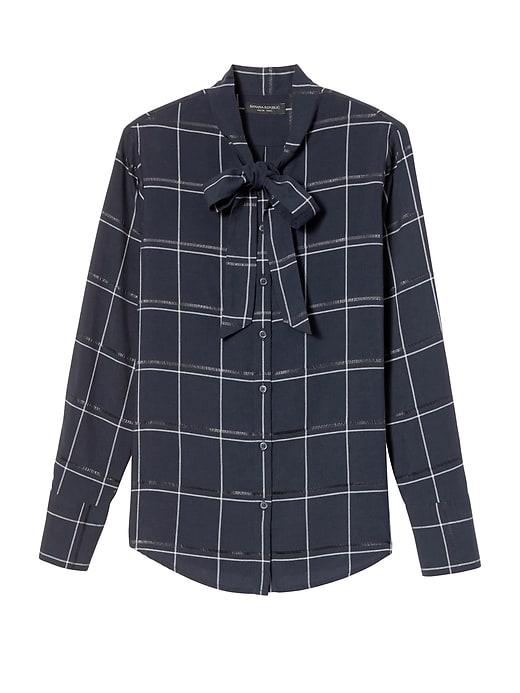Banana Republic Womens Dillon-fit Plaid Tie-neck Flannel Shirt Navy Size Xl