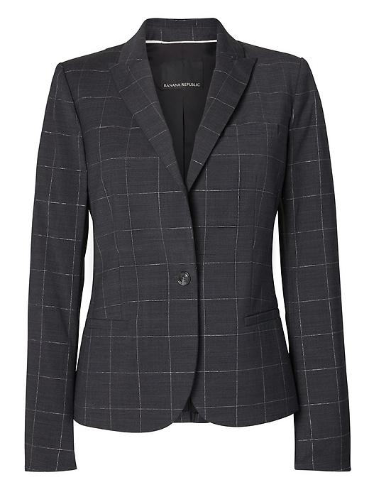 Banana Republic Womens Classic-fit Shine Plaid Blazer Charcoal & Silver Size 0