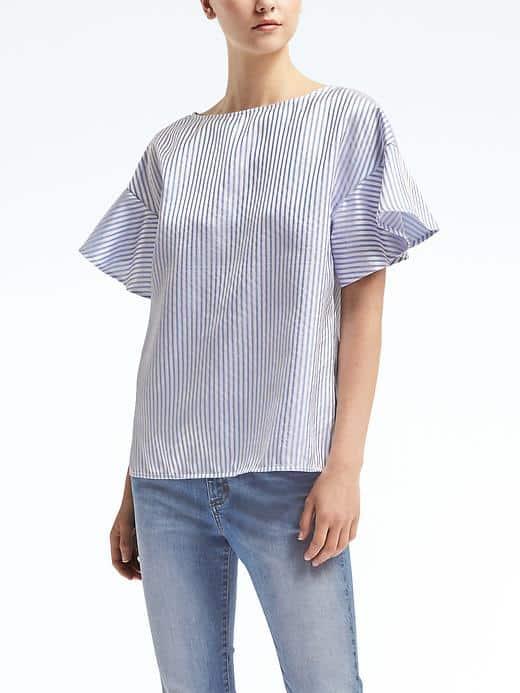 Banana Republic Womens Stripe Flutter Sleeve Top - Light Blue