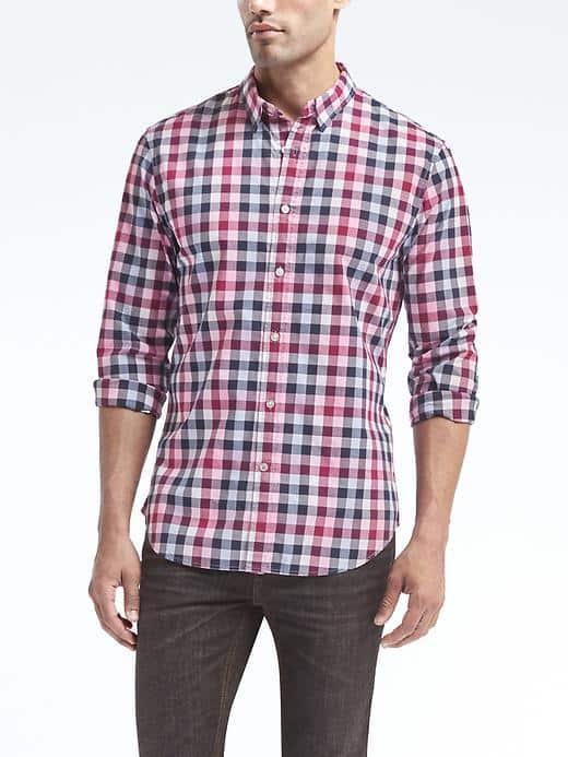 Banana Republic Mens Grant Fit Custom Wash Gingham Shirt - Dried Morello