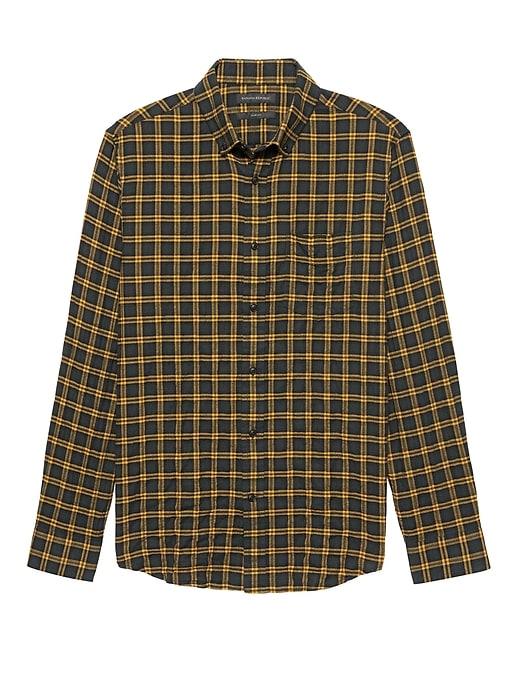 Banana Republic Mens New Slim-fit Crinkle Cotton Flannel Shirt Gold Size Xl