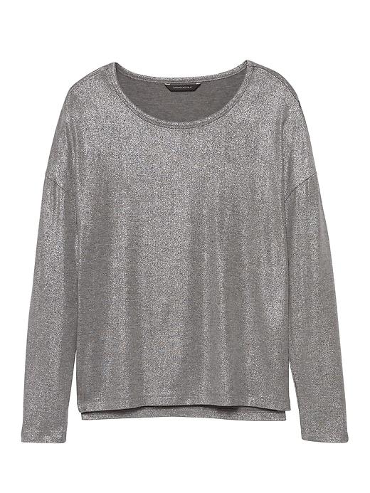 Banana Republic Womens Soft-stretch Long-sleeve Metallic Relaxed T-shirt Medium Heather Gray & Silver Size Xs