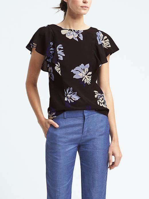 Banana Republic Womens Flutter Sleeve Floral Vee Back Top - Black