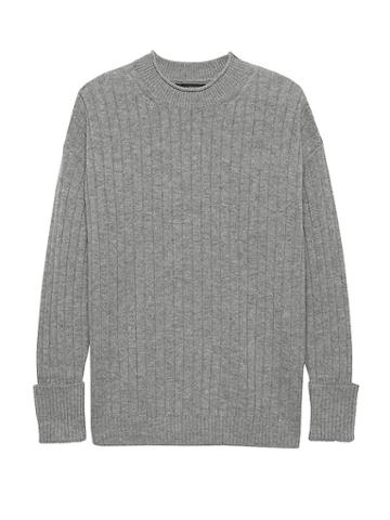 Banana Republic Womens Petite Machine-washable Wool-cashmere Ribbed Sweater Heather Gray Size Xs