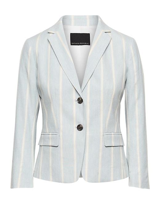 Banana Republic Womens Fitted Crop Stretch Linen-cotton Stripe Blazer Light Blue Stripe Size 4