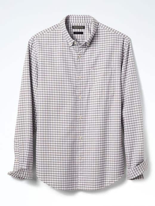 Banana Republic Mens Grant Fit Gingham Cotton Stretch Oxford Shirt - Light Gray