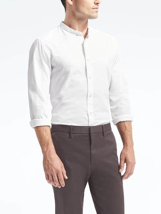 Banana Republic Mens Grant Fit Cotton Stretch Banded Collar Shirt - White