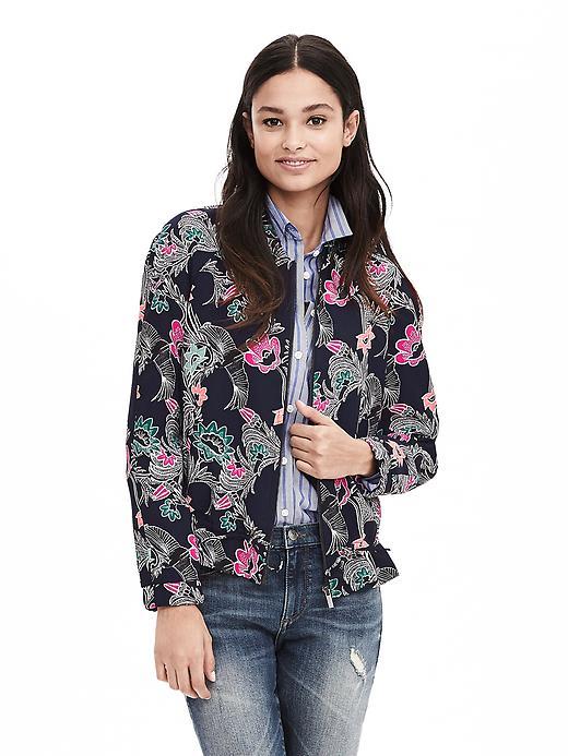 Banana Republic Bird Print Drapey Bomber Jacket Size L Petite - Preppy Navy