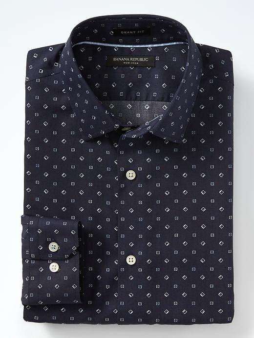 Banana Republic Mens Grant Fit Non Iron Mirco Print Shirt - Preppy Navy