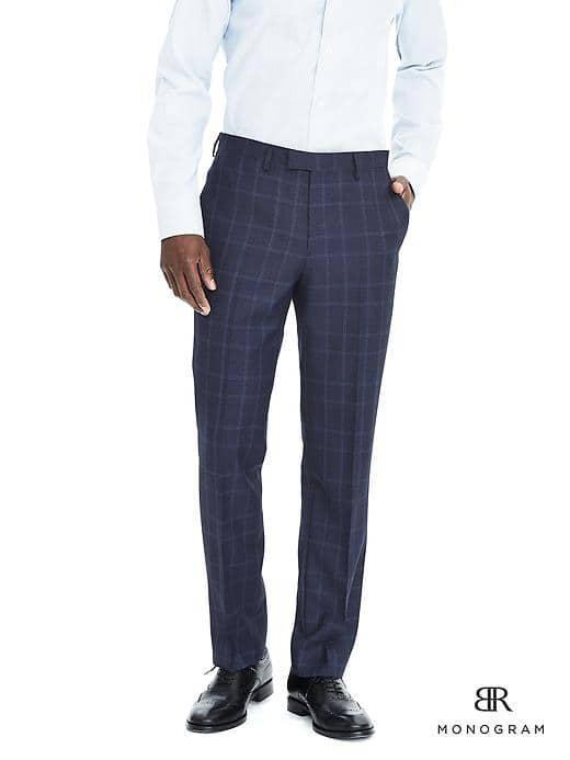 Banana Republic Mens Standard Monogram Navy Plaid Wool Tuxedo Trouser - Navy