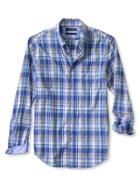 Banana Republic Tailored Slim Fit Custom 078 Wash Heather Plaid Oxford Size L Tall - Marina Blue