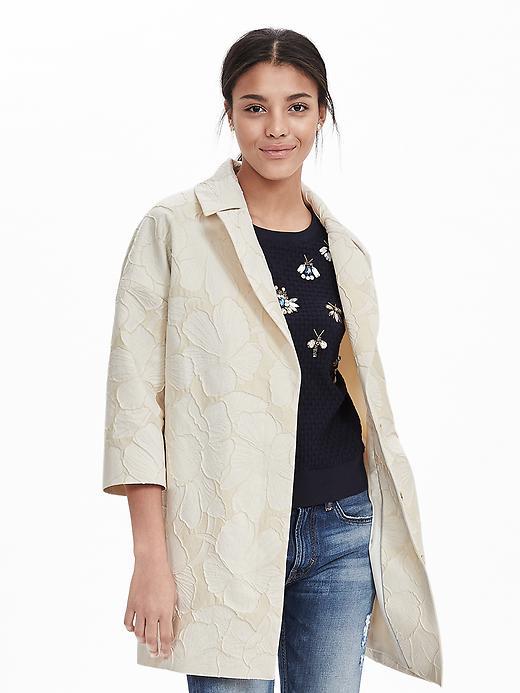 Banana Republic Floral Jacquard Coat Size L Petite - Cream