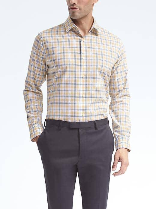 Banana Republic Mens Camden Fit Non Iron Cross Plaid Shirt - Yellow