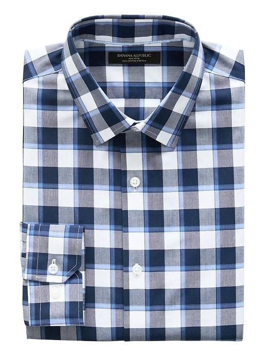 Banana Republic Mens Grant Slim-fit Non-iron Plaid Shirt Damselfish Blue Size S