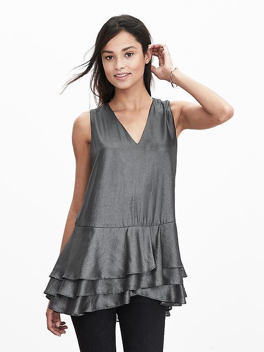 Banana Republic Metallic Asymmetrical Ruffle Tank Size L Petite - Gunmetal/black