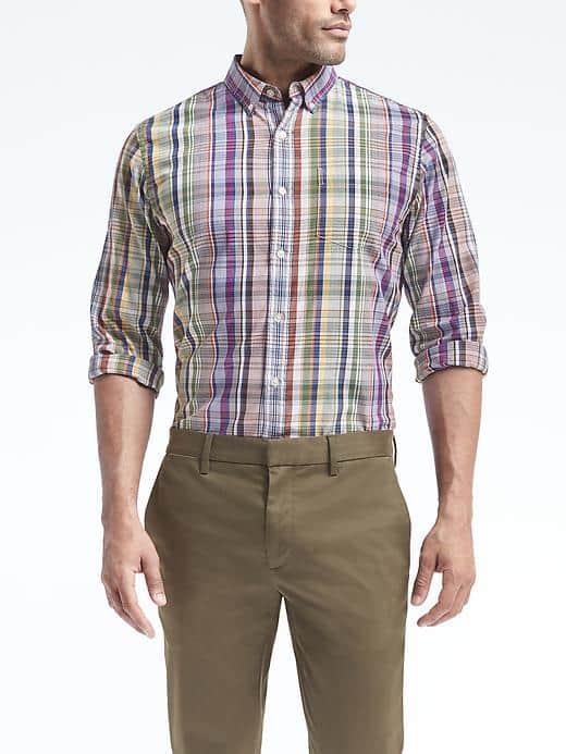 Banana Republic Mens Camden Fit Cotton Stretch Pinpoint Plaid Oxford Shirt - Pink