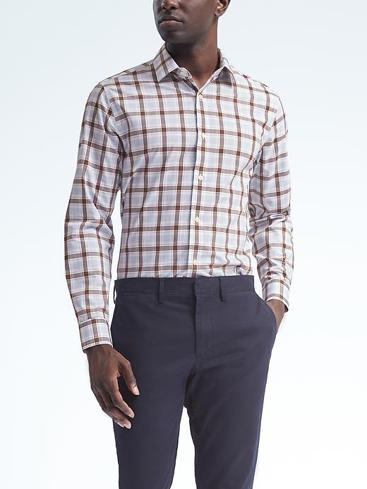 Banana Republic Mens Grant Fit Non Iron Grid Shirt - Classic Sepia