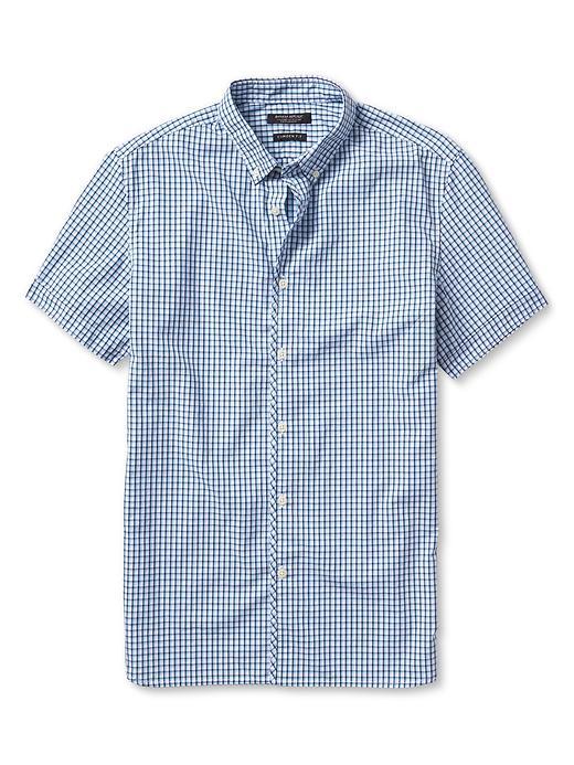 Banana Republic Mens Short Sleeve Check Custom 078 Wash Shirt Size L Tall - Blue