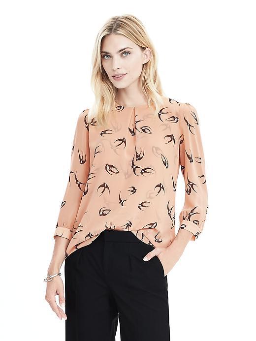 Banana Republic Swallow Print Blouse Size Xs Petite - Dark Champagne