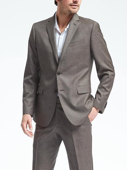 Banana Republic Mens Slim Brown Windowpane Wool Suit Jacket - Brown
