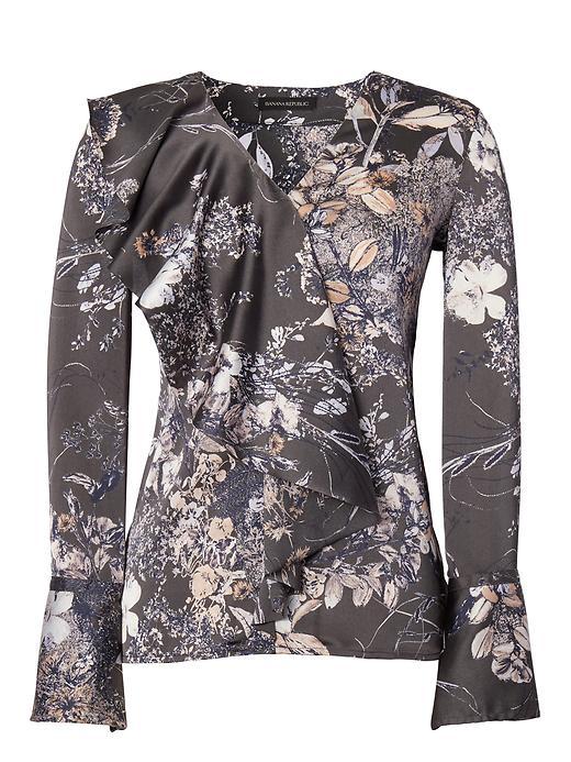 Banana Republic Womens Floral Long Sleeve Cascade Ruffle Top - Mink Gray