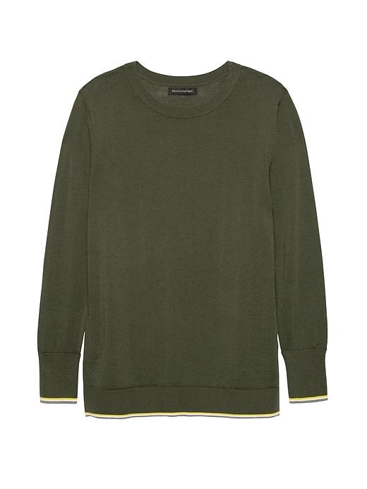 Banana Republic Womens Machine-washable Merino Crew Sweater-neck Sweater Olive Moss With Gray, White & Yellow Accent Size Xs