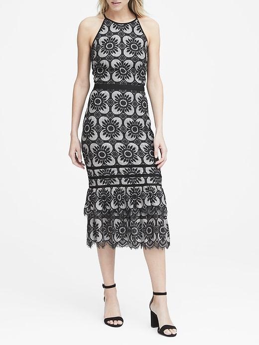 Banana Republic Womens Lace Midi Dress Gray & Charcoal Size 12