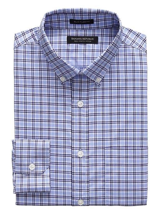 Banana Republic Mens New Slim-fit Tech-stretch Cotton Tartan Plaid Shirt Blue Murano Size M