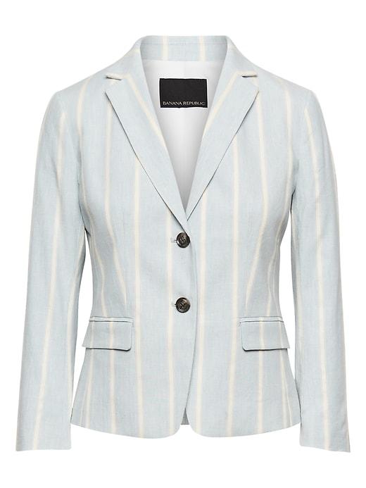 Banana Republic Womens Petite Fitted Crop Stretch Linen-cotton Stripe Blazer Light Blue Stripe Size 12