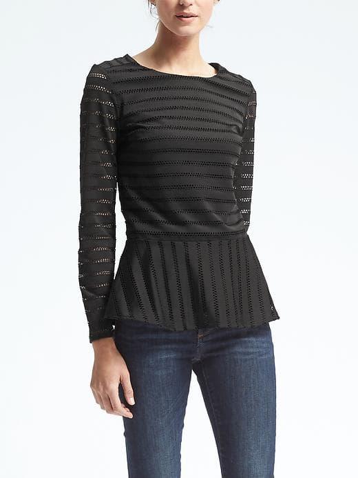 Banana Republic Womens Long Sleeve Mesh Peplum Top - Black