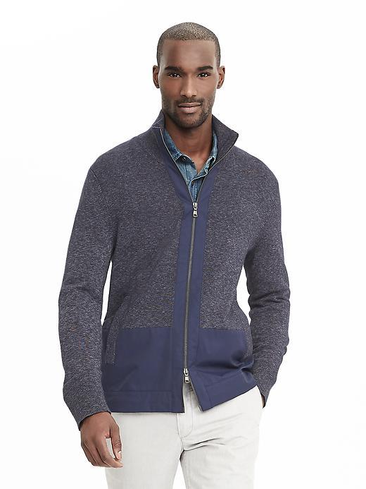 Banana Republic Mens Mixed Media Sweater Jacket Size L Tall - Navy Heather