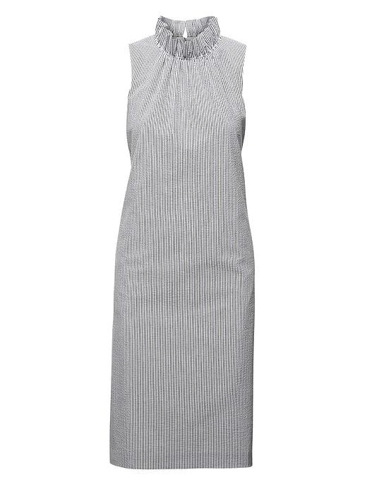 Banana Republic Womens Petite Seersucker Ruffle-neck Dress Pacific Navy Size 10