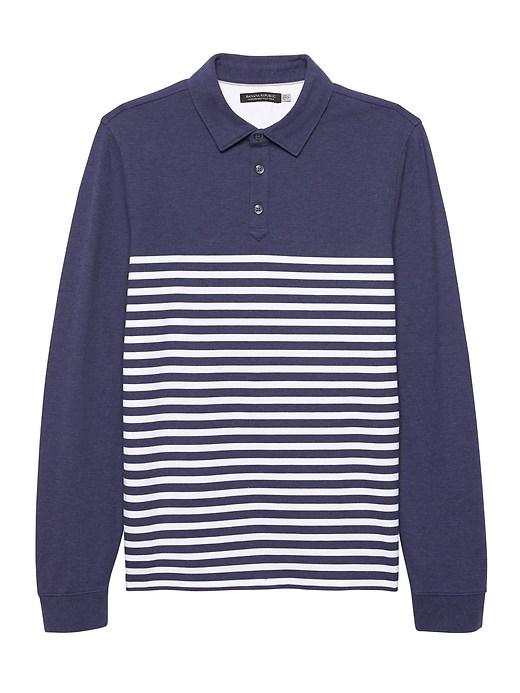 Banana Republic Mens Don';t-sweat-it Long-sleeve Stripe Polo Shirt Dark Indigo Stripe Size L