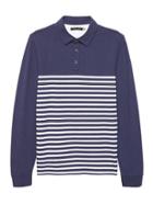 Banana Republic Mens Don';t-sweat-it Long-sleeve Stripe Polo Shirt Dark Indigo Stripe Size L