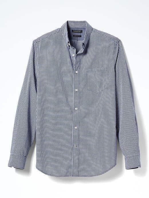 Banana Republic Mens Grant Fit Custom Wash Navy Plaid Shirt - Mantego Bay Blue