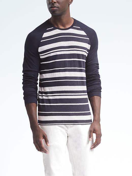 Banana Republic Mens Linen Stretch Long Sleeve Stripe Raglan Crew - Navy