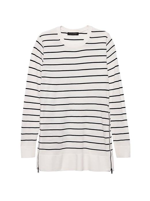 Banana Republic Womens Machine-washable Merino Wool Sweater Tunic With Zipper Accent Stone Stripe Size Xs