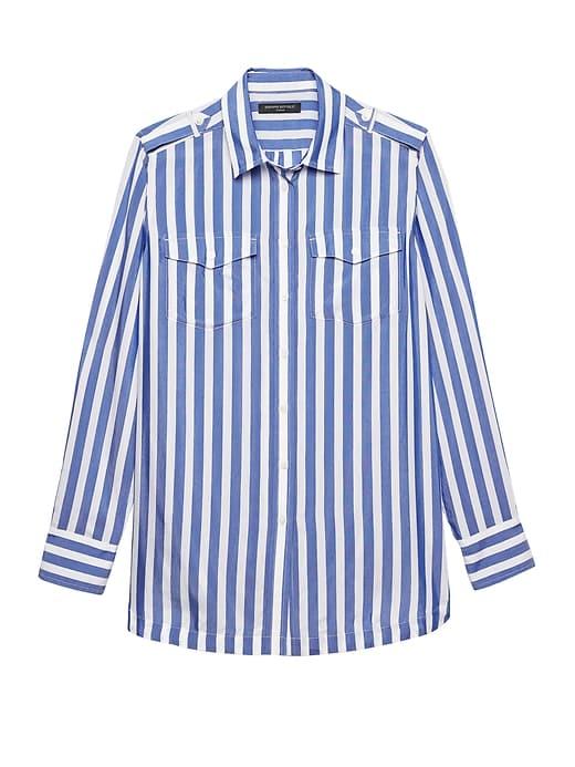 Banana Republic Womens Petite Parker Tunic-fit Stripe Utility Shirt Blue Galaxy Size Xs