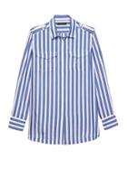 Banana Republic Womens Petite Parker Tunic-fit Stripe Utility Shirt Blue Galaxy Size Xs